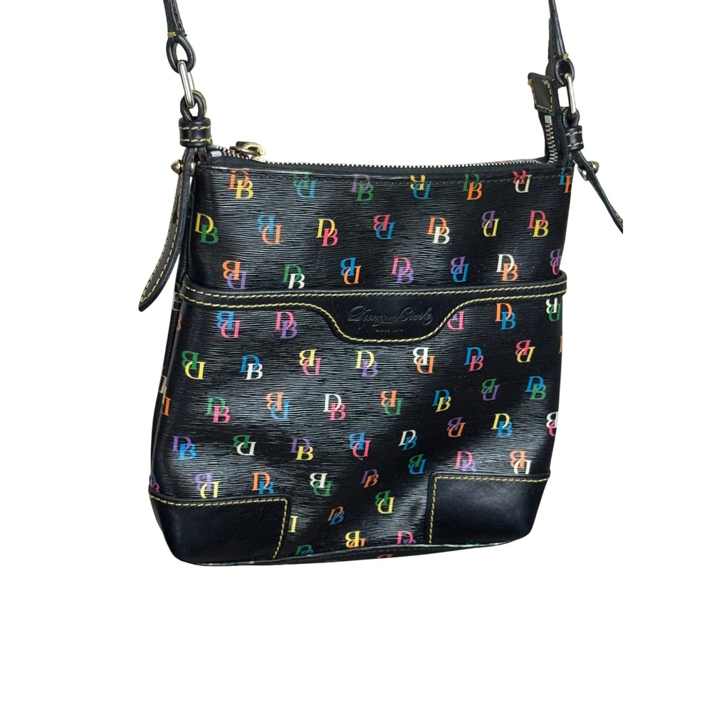 Dooney & Bourke Black Multicolor Monogram Crossbody Bag Rainbow Zipper Heart Tag